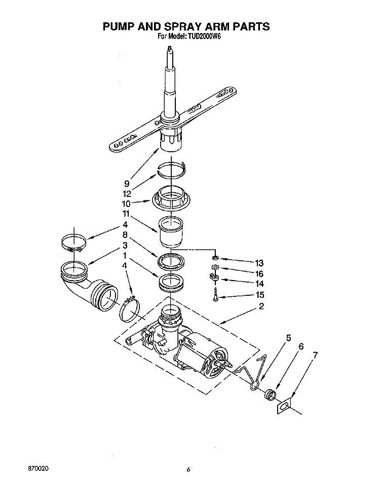 PUMP AND SPRAY ARM Diagram and Parts List for TUD2000W6  Whirlpool Dishwasher