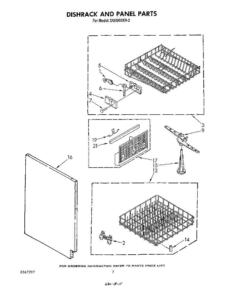 DISHRACK AND PANEL Diagram and Parts List for DU9500XR2  Whirlpool Dishwasher