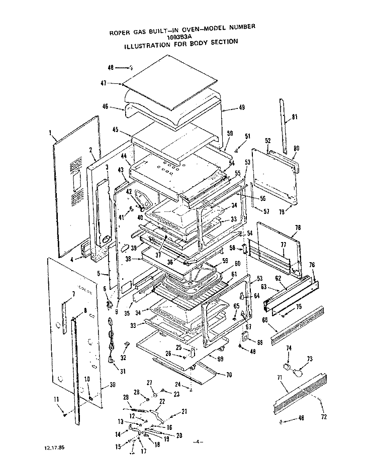 BODY Diagram and Parts List for 1093B3A  Roper Wall Oven