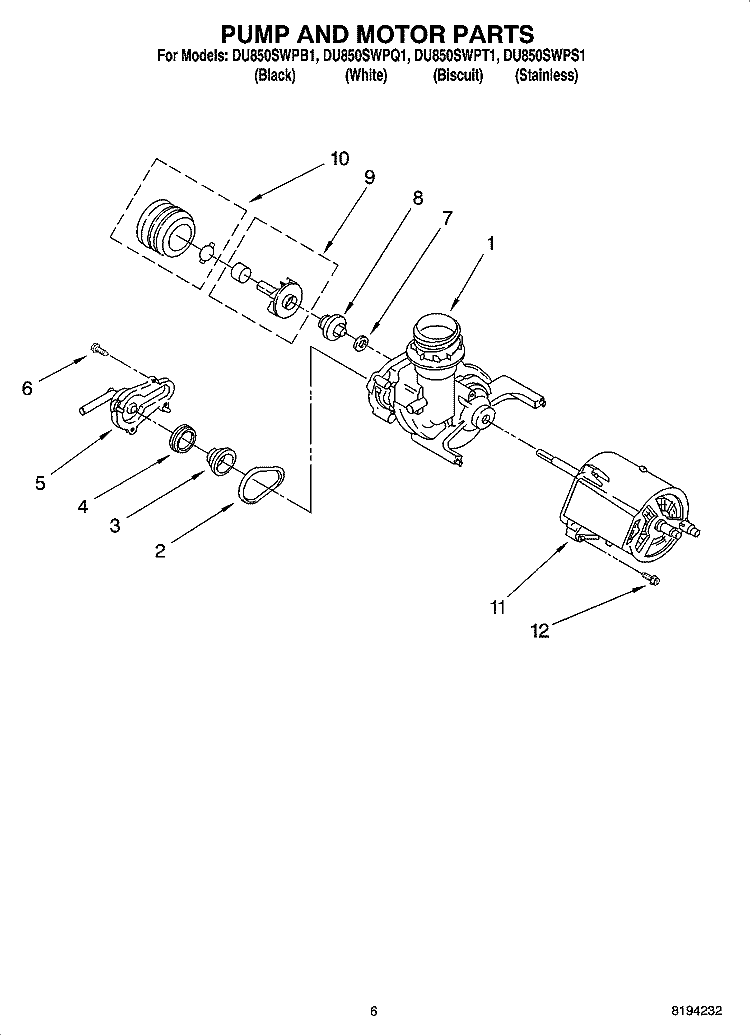 PUMP AND MOTOR PARTS Diagram and Parts List for DU850SWPQ1  Whirlpool Dishwasher