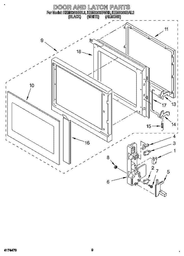 DOOR AND LATCH Diagram and Parts List for KEMS306BWH2  KitchenAid Wall Oven