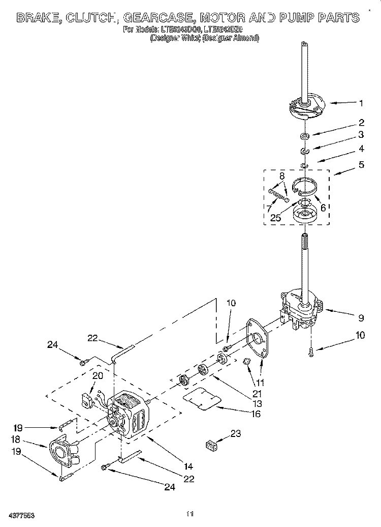 BRAKE, CLUTCH, GEARCASE, MOTOR AND PUMP Diagram and Parts List for LTE5243DQ0  Whirlpool Washer Dryer Combo