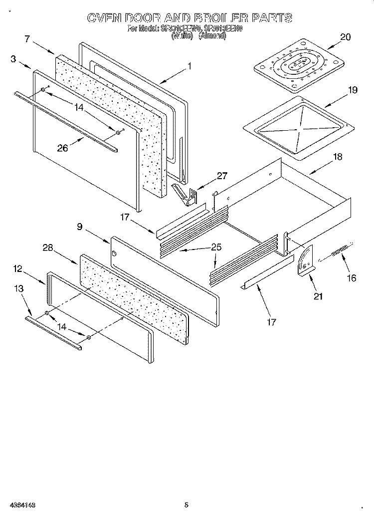 OVEN DOOR AND BROILER Diagram and Parts List for SF3010EEW0  Whirlpool Range
