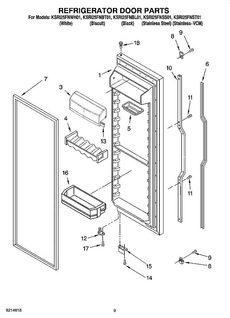 REFRIGERATOR DOOR PARTS Diagram and Parts List for KSRI25FNSS01  KitchenAid Refrigerator