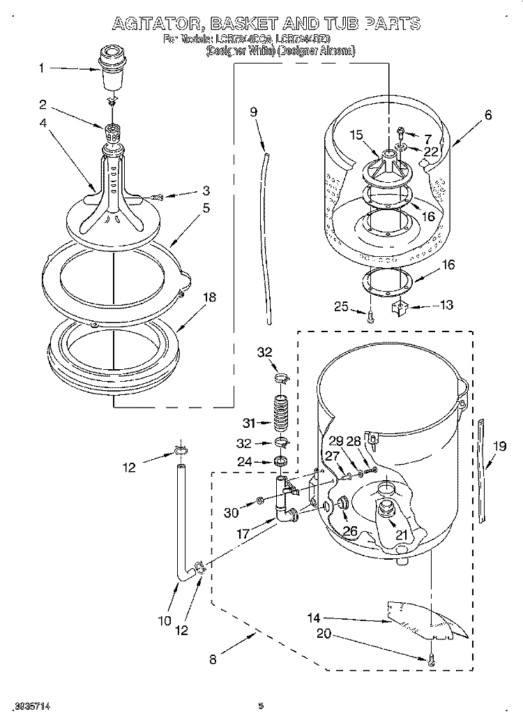AGITATOR, BASKET AND TUB Diagram and Parts List for LCR7244DQ0  Whirlpool Washer
