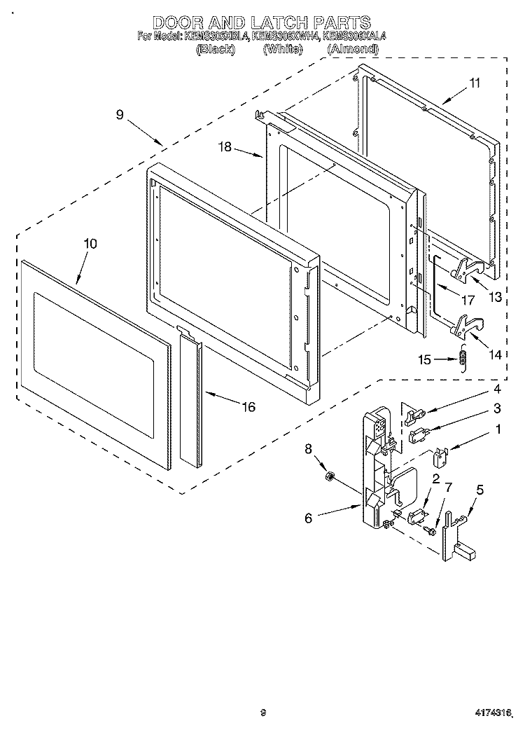 DOOR AND LATCH Diagram and Parts List for KEMS306XBL4  KitchenAid Wall Oven