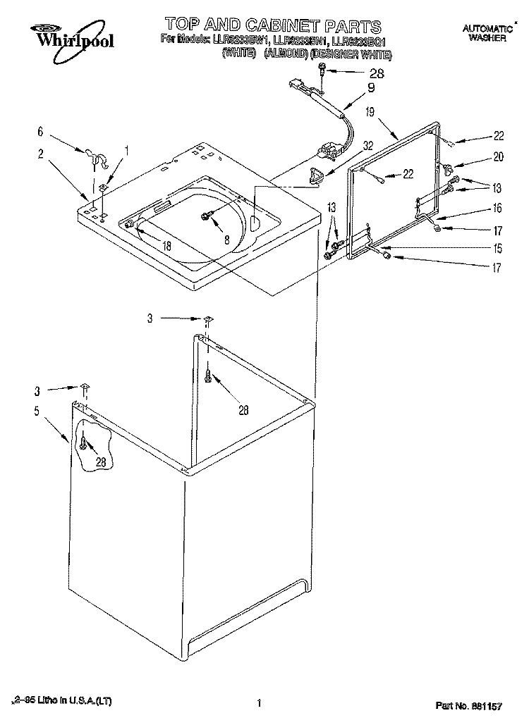 TOP AND CABINET, LIT/OPTIONAL Diagram and Parts List for LLR8233BQ1  Whirlpool Washer