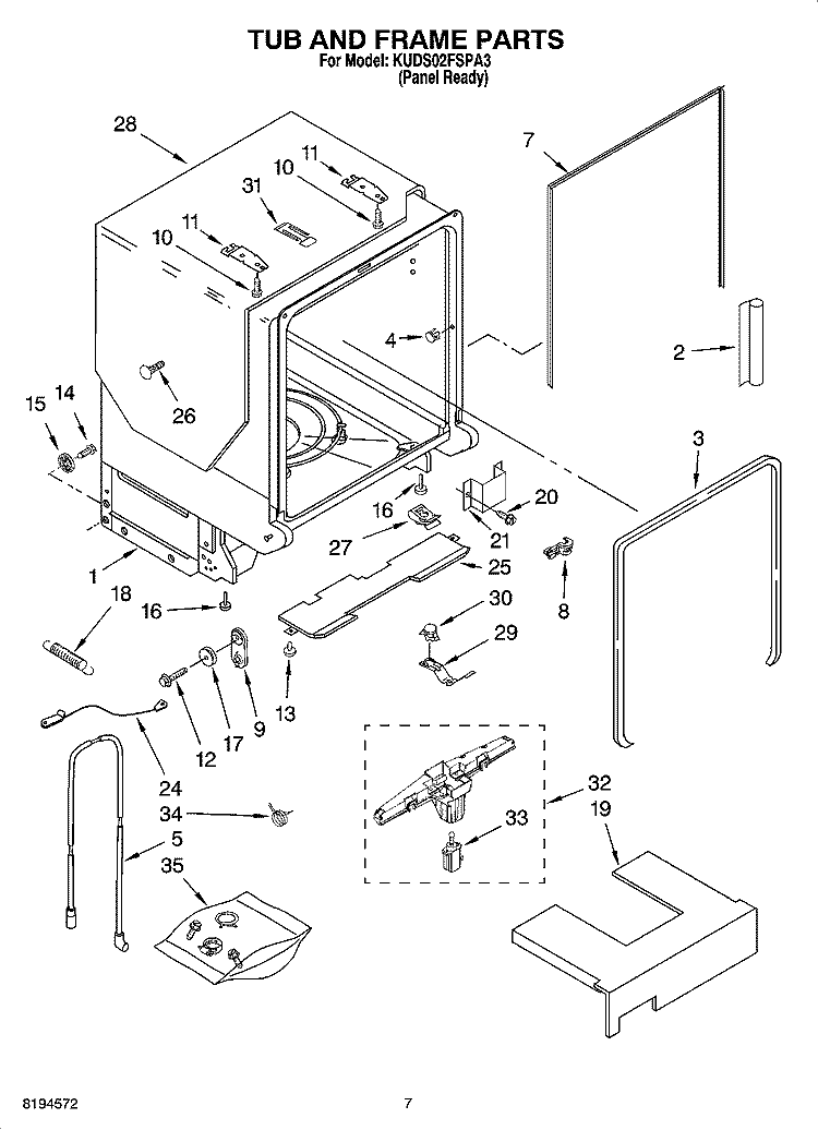 TUB AND FRAME PARTS Diagram and Parts List for KUDS02FSPA3  KitchenAid Dishwasher