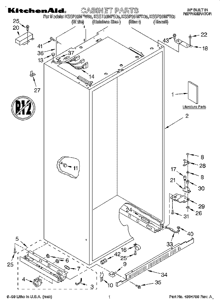 CABINET, LITERATURE Diagram and Parts List for KSSP36MFT05  KitchenAid Refrigerator