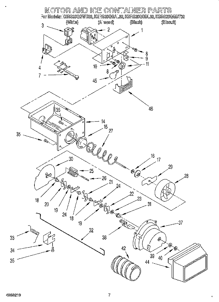 MOTOR AND ICE CONTAINER Diagram and Parts List for KSRS25QGWH02  KitchenAid Refrigerator