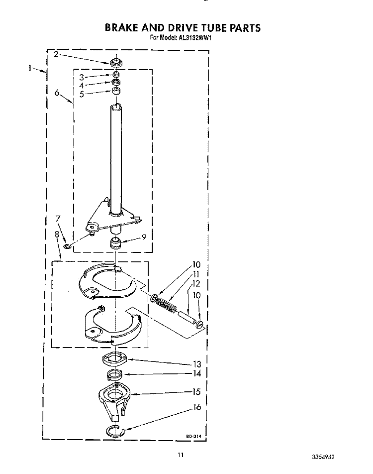 BRAKE AND DRIVE TUBE Diagram and Parts List for AL3132WW1  Whirlpool Washer
