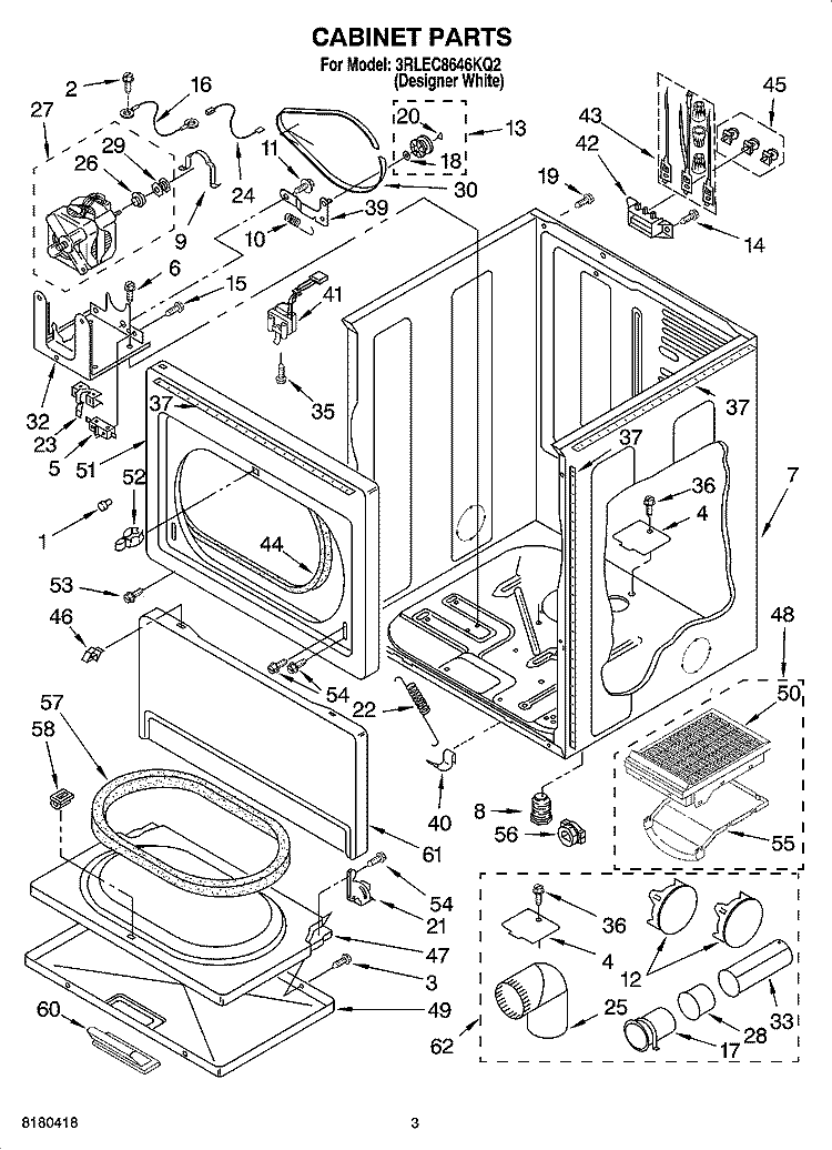 CABINET PARTS Diagram and Parts List for 3RLEC8646KQ2  Whirlpool Dryer