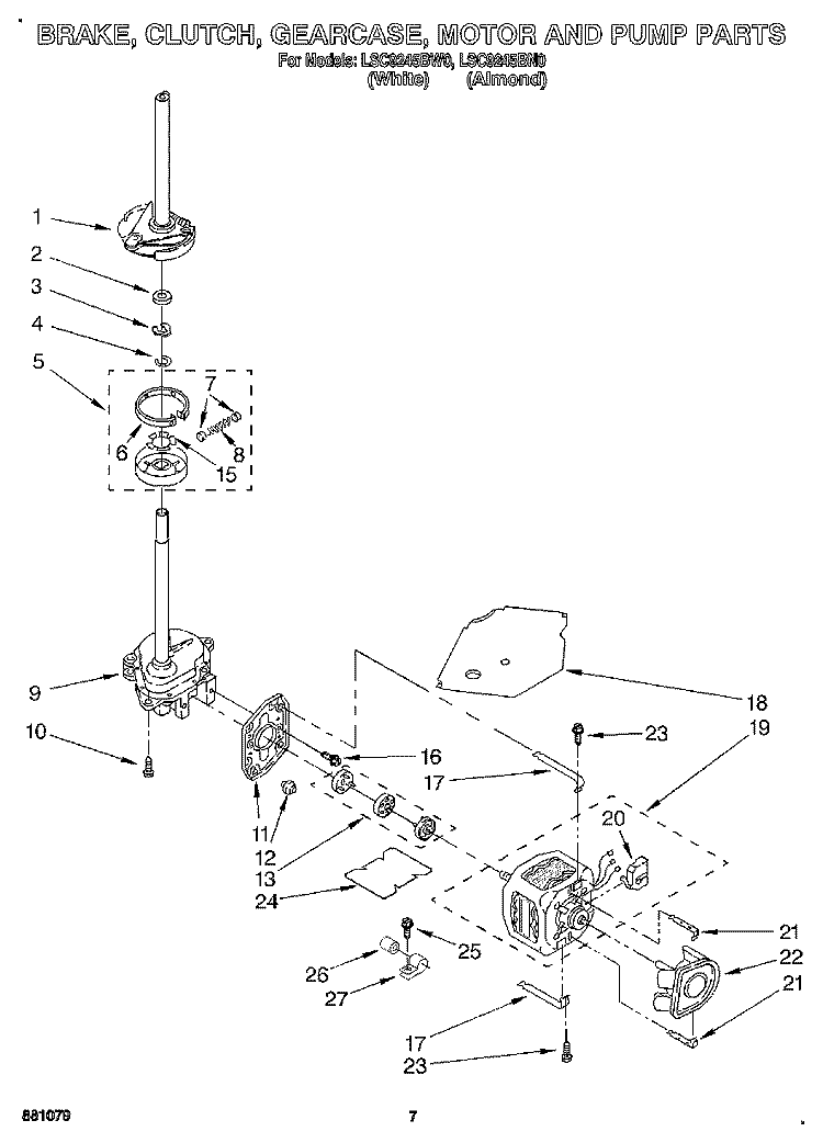 BRAKE, CLUTCH, GEARCASE, MOTOR & PUMP Diagram and Parts List for LSC9245BW0  Whirlpool Washer