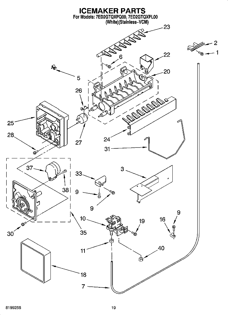 ICEMAKER PARTS, OPTIONAL PARTS Diagram and Parts List for 7ED2GTQXPL00  Whirlpool Refrigerator