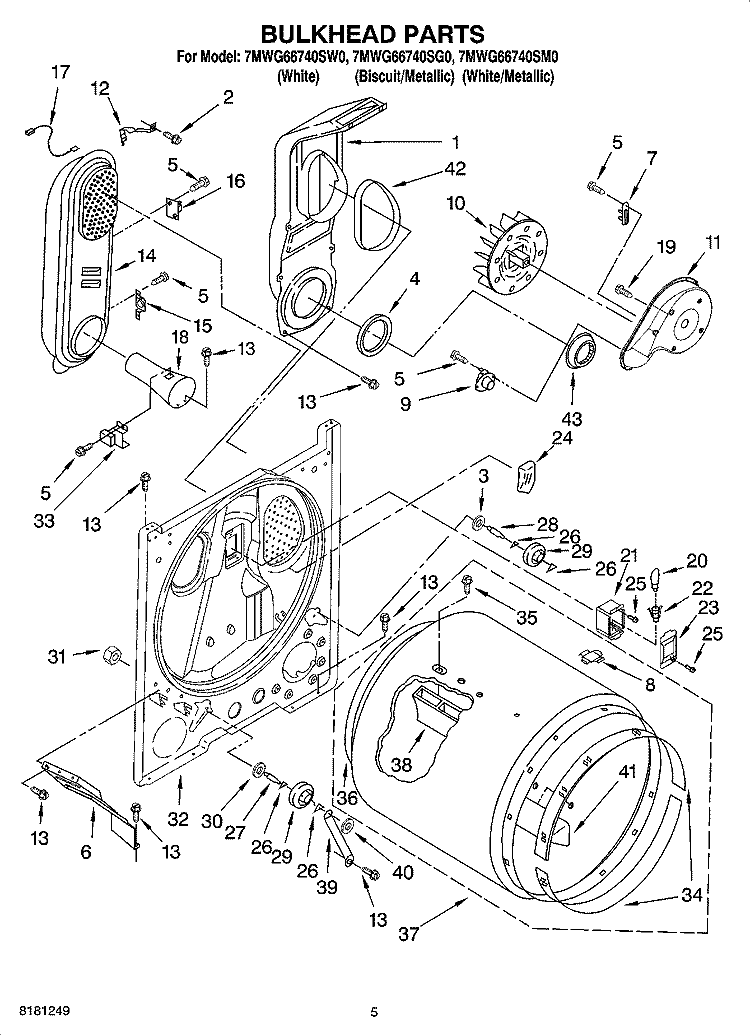 BULKHEAD PARTS Diagram and Parts List for 7MWG66740SW0  Whirlpool Dryer