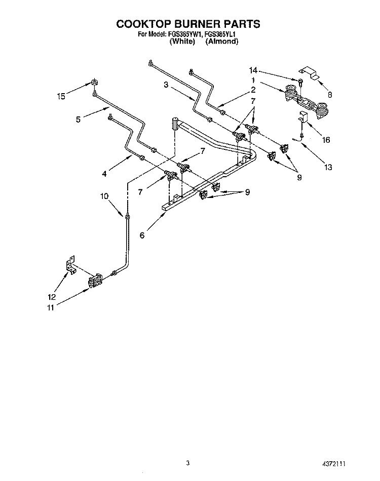 COOKTOP BURNER Diagram and Parts List for FGS385YL1  Whirlpool Range