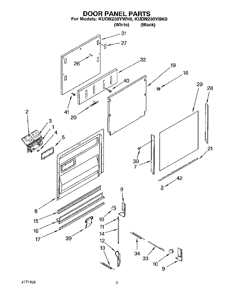 DOOR PANEL, LITERATURE Diagram and Parts List for KUDN230YWH0  KitchenAid Dishwasher