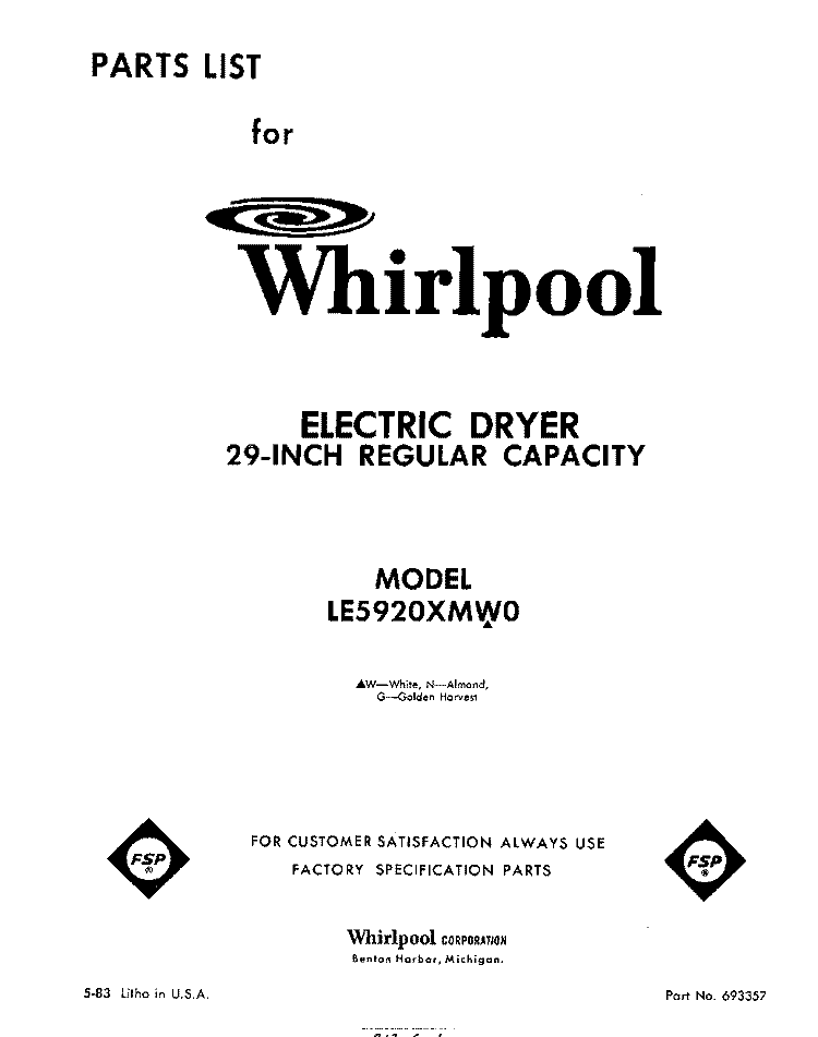 SECTION Diagram and Parts List for LE5920XMW0  Whirlpool Dryer