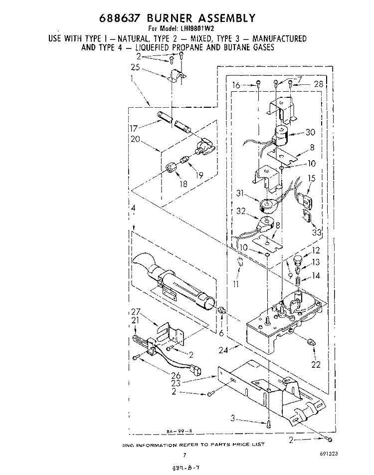 688637 BURNER Diagram and Parts List for LHI9801W2  Whirlpool Dryer