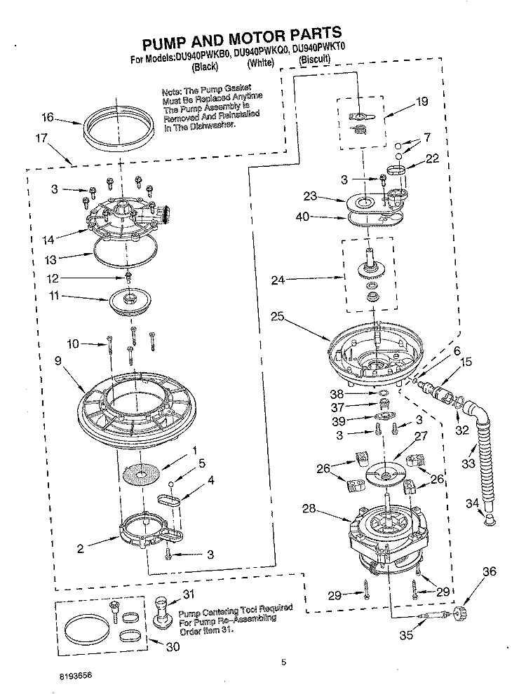 PUMP AND MOTOR Diagram and Parts List for DU940PWKB0  Whirlpool Dishwasher