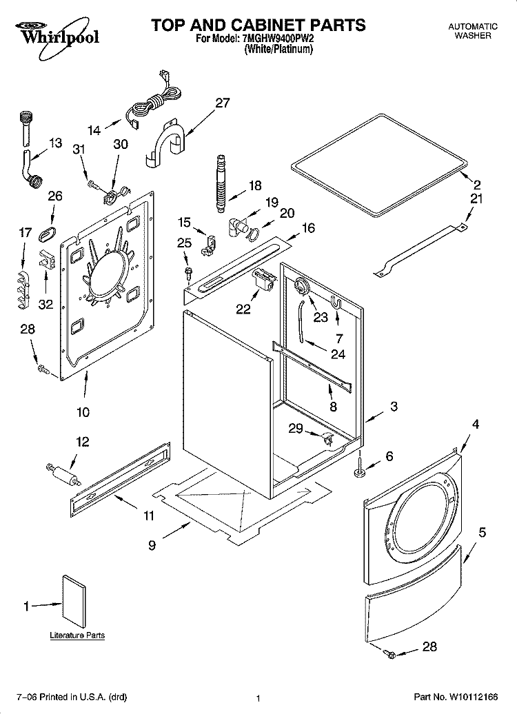TOP AND CABINET PARTS Diagram and Parts List for 7MGHW9400PW2  Whirlpool Washer