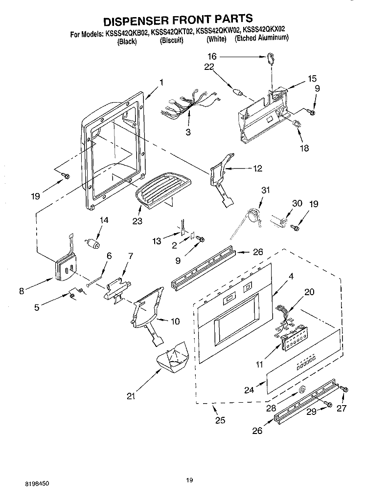 DISPENSER AND FRONT PARTS Diagram and Parts List for KSSS42QKT02  KitchenAid Refrigerator