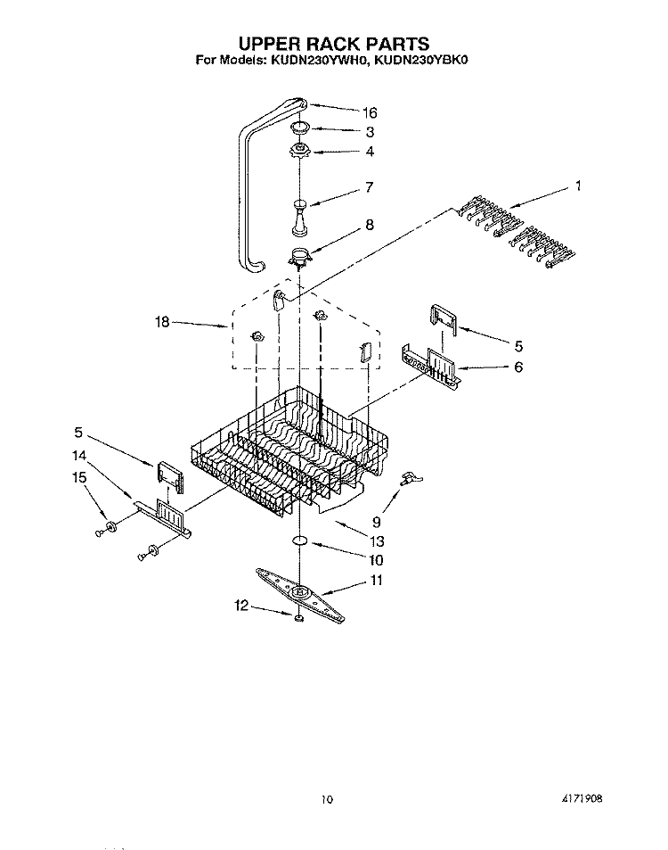 UPPER RACK Diagram and Parts List for KUDN230YWH0  KitchenAid Dishwasher