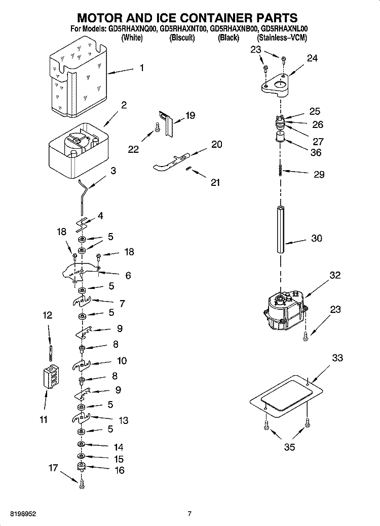 MOTOR AND ICE CONTAINER PARTS Diagram and Parts List for GD5RHAXNQ00  Whirlpool Refrigerator