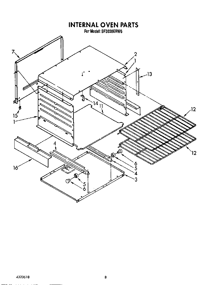 INTERNAL OVEN Diagram and Parts List for SF3020ERN6  Whirlpool Range