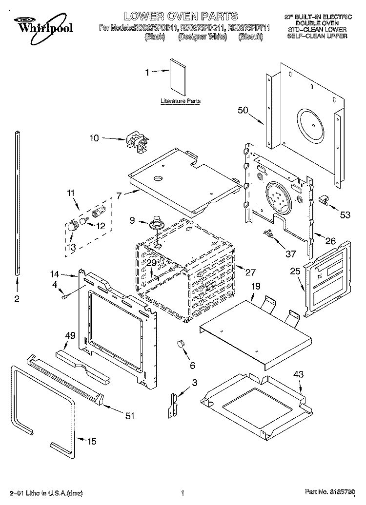 LOWER OVEN, LITERATURE Diagram and Parts List for RBD275PDB11  Whirlpool Wall Oven
