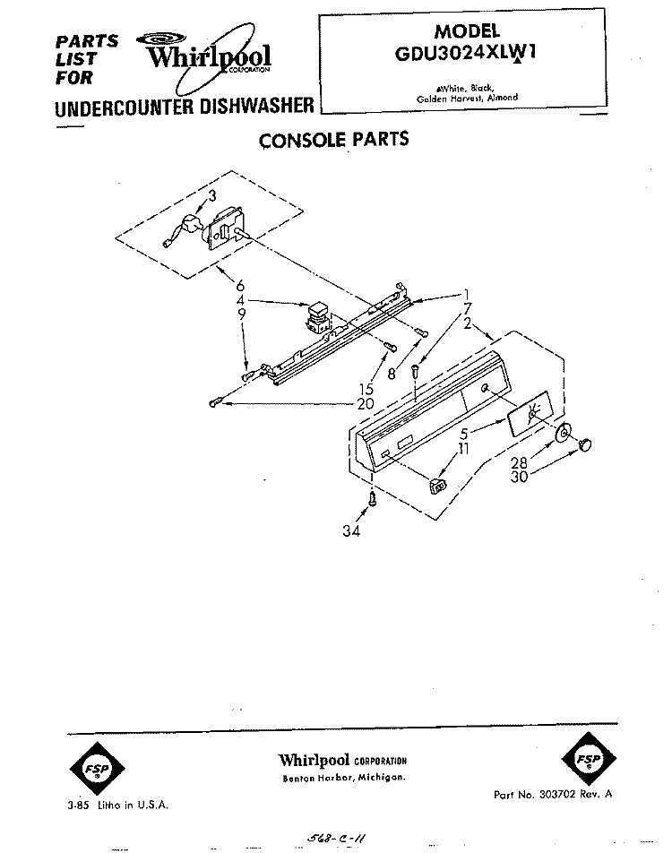 CONSOLE Diagram and Parts List for GDU3024XLW1  Whirlpool Dishwasher
