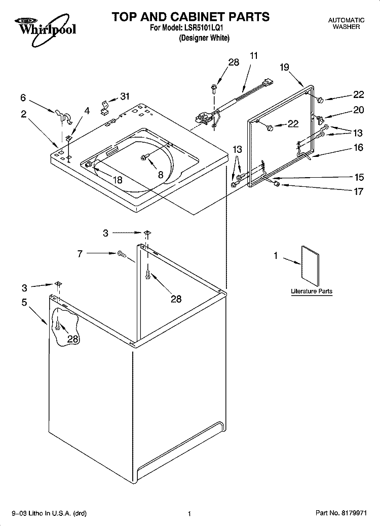 TOP AND CABINET PARTS Diagram and Parts List for LSR5101LQ1  Whirlpool Washer