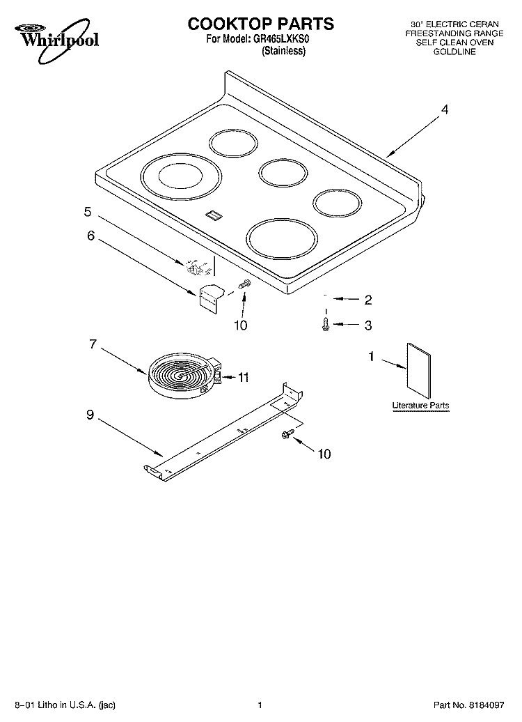 COOKTOP, LITERATURE Diagram and Parts List for GR465LXKS0  Whirlpool Range