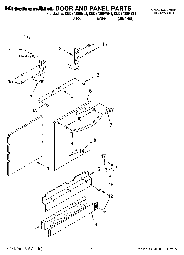 DOOR AND PANEL PARTS Diagram and Parts List for KUDS02SRBL4  KitchenAid Dishwasher