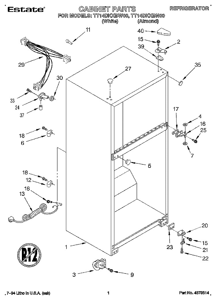 CABINET Diagram and Parts List for TT14DKXBN00  Estate Refrigerator