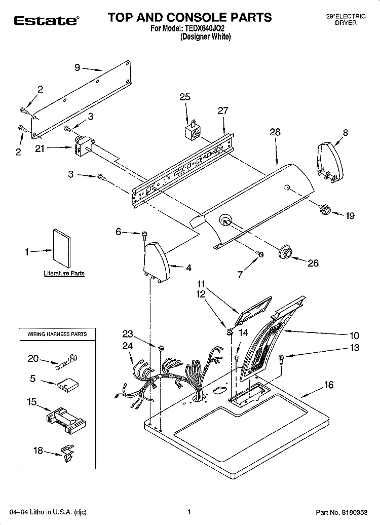 TOP AND CONSOLE PARTS Diagram and Parts List for TEDX640JQ2  Estate Dryer