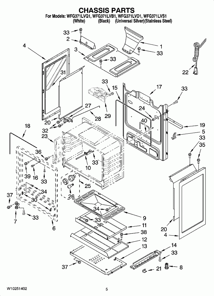 CHASSIS PARTS Diagram and Parts List for WFG371LVQ1  Whirlpool Range