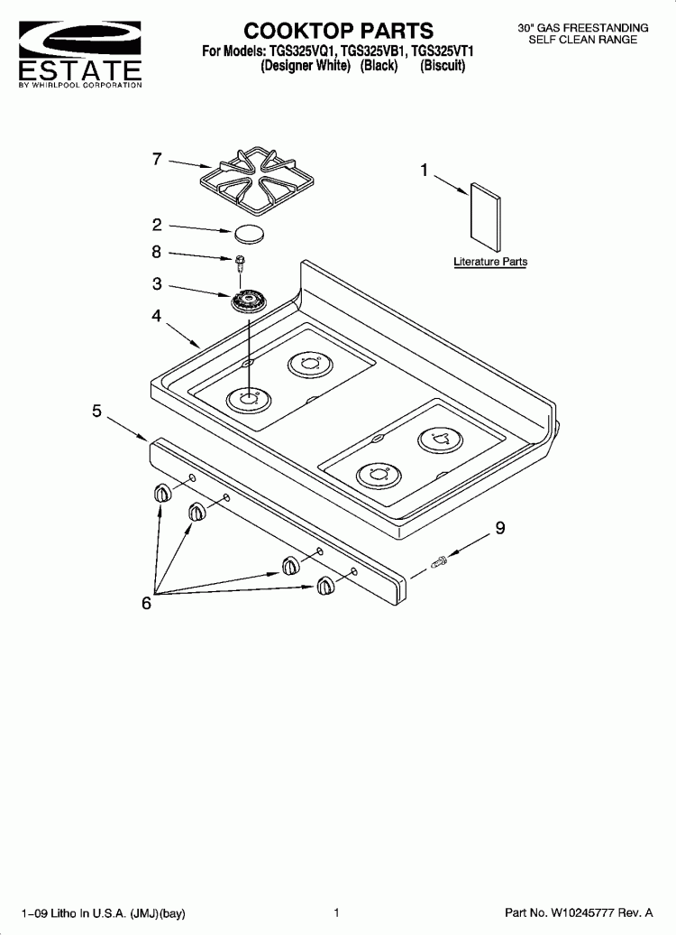 COOKTOP PARTS Diagram and Parts List for TGS325VT1  Estate Range