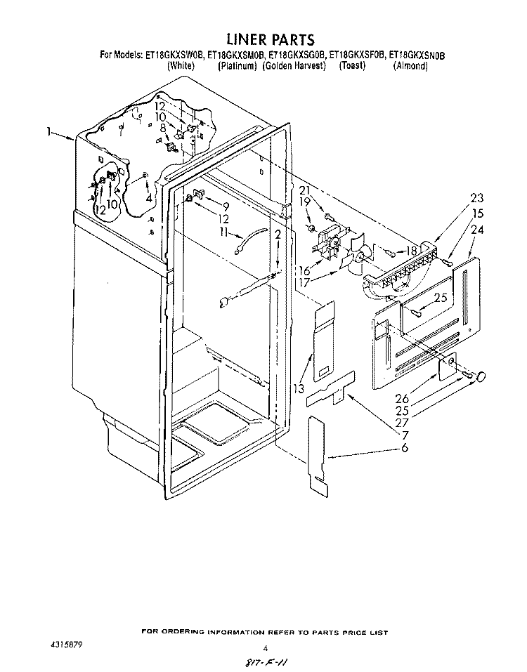 LINER Diagram and Parts List for ET18GKXSW0B  Whirlpool Refrigerator