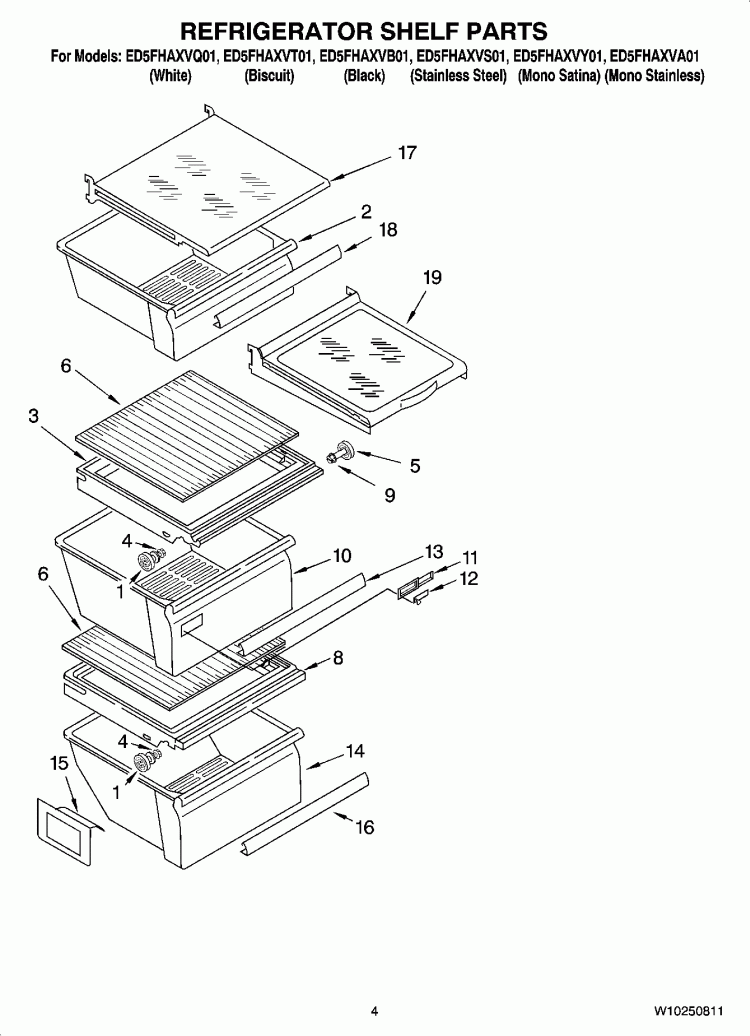 REFRIGERATOR SHELF PARTS Diagram and Parts List for ED5FHAXVB01  Whirlpool Refrigerator