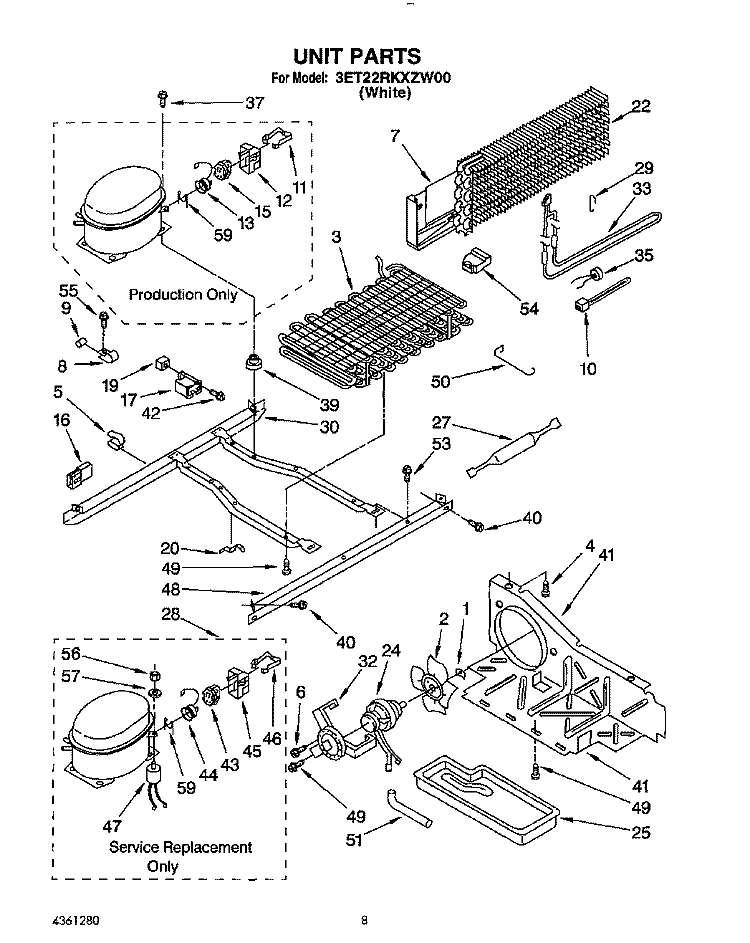UNIT Diagram and Parts List for 3ET22RKXZW00  Whirlpool Refrigerator
