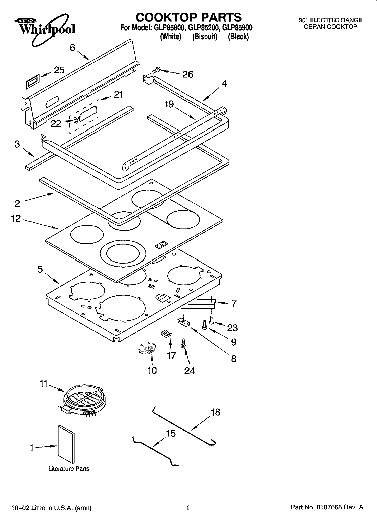 COOKTOP PARTS Diagram and Parts List for GLP85200  Whirlpool Range
