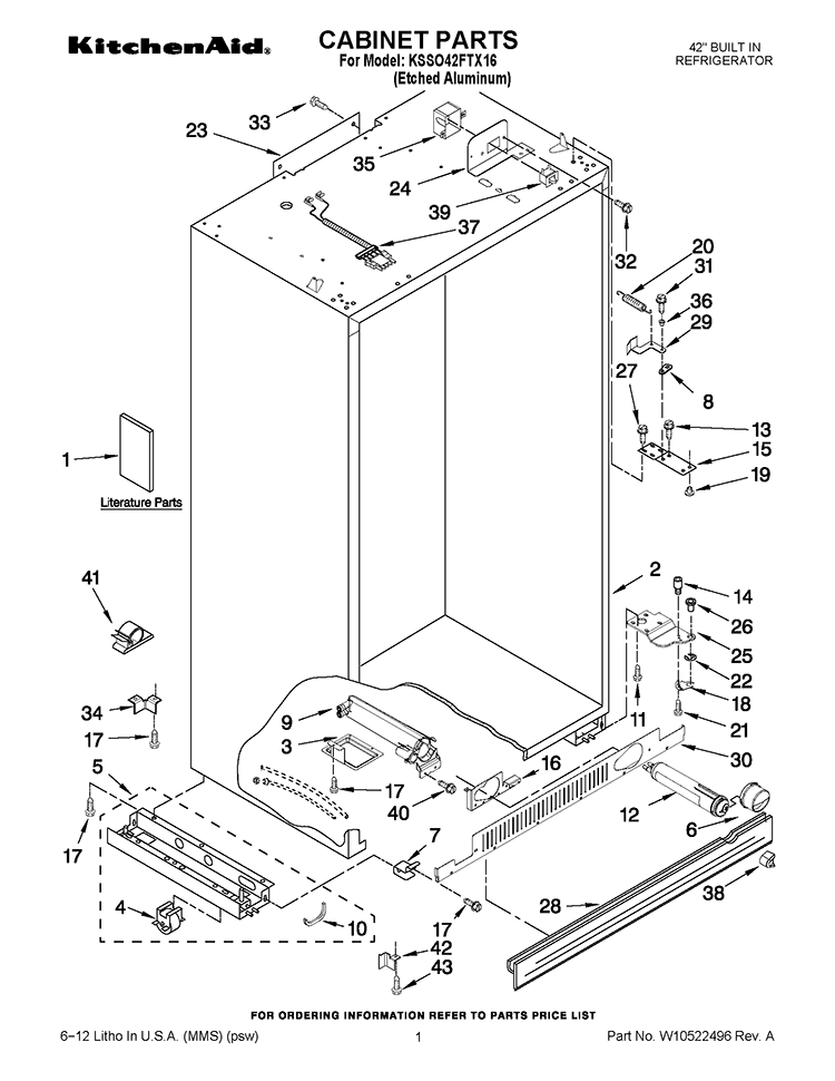 CABINET PARTS Diagram and Parts List for KSSO42FTX16  KitchenAid Refrigerator