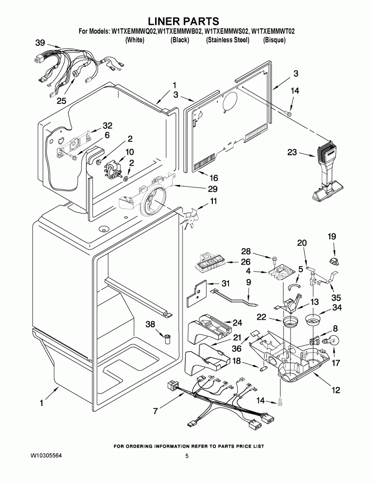 LINER PARTS Diagram and Parts List for W1TXEMMWT02  Whirlpool Refrigerator