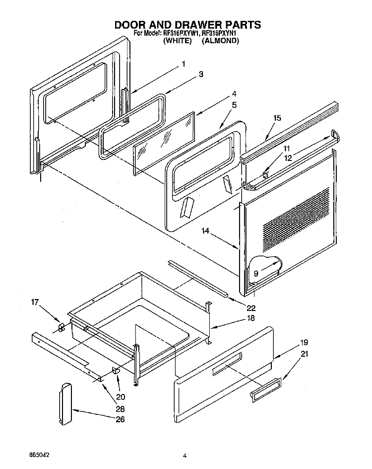 DOOR AND DRAWER Diagram and Parts List for RF316PXYN1  Whirlpool Range