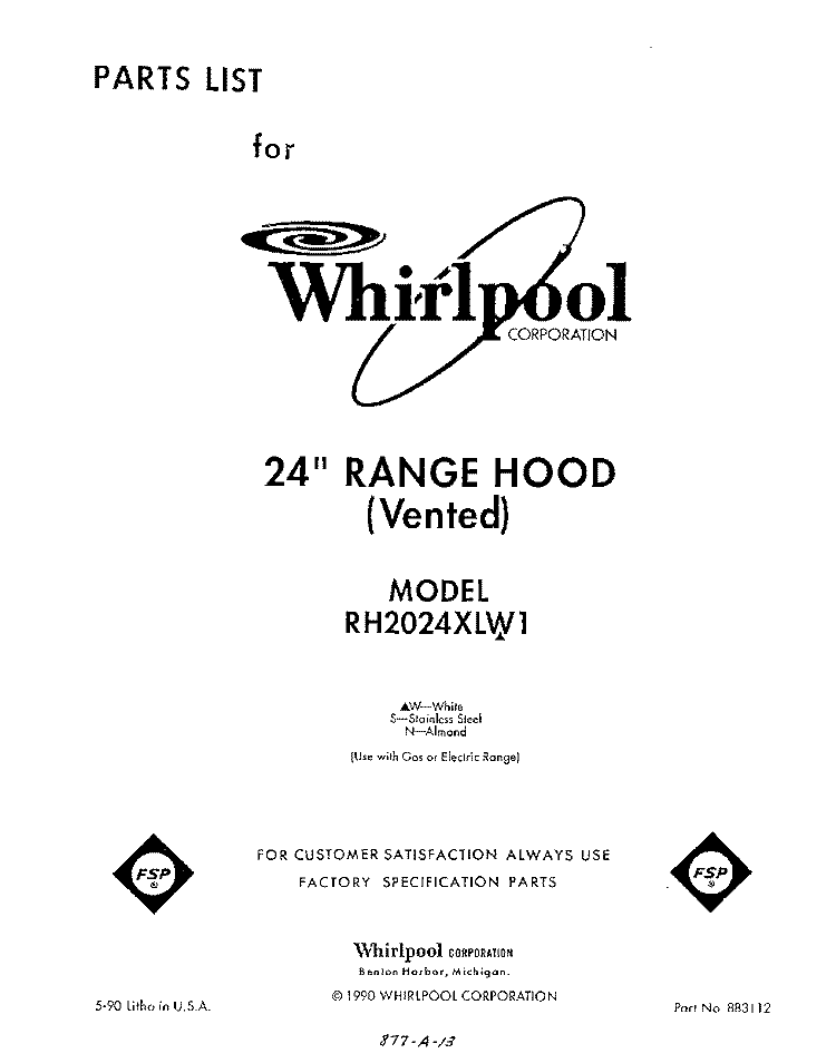 SECTION Diagram and Parts List for RH2024XLW1  Whirlpool Range Hood