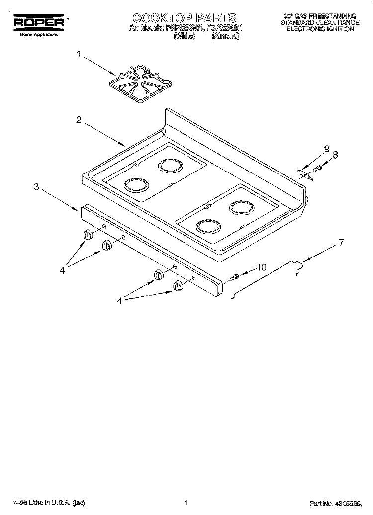 COOKTOP Diagram and Parts List for FGP325GN1  Roper Range