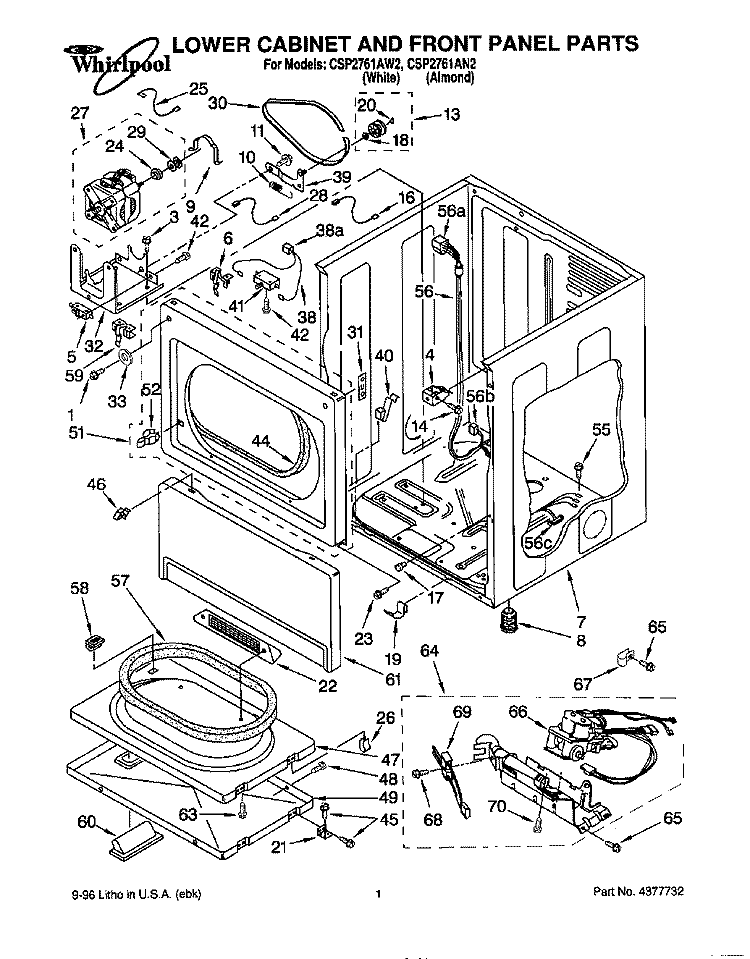 LOWER CABINET AND FRONT PANEL Diagram and Parts List for CSP2761AN2  Whirlpool Dryer