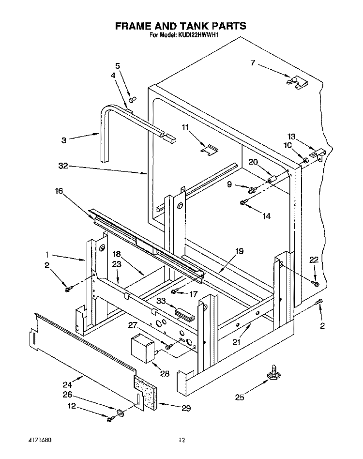 FRAME AND TANK Diagram and Parts List for KUDI22HWWH1  KitchenAid Dishwasher