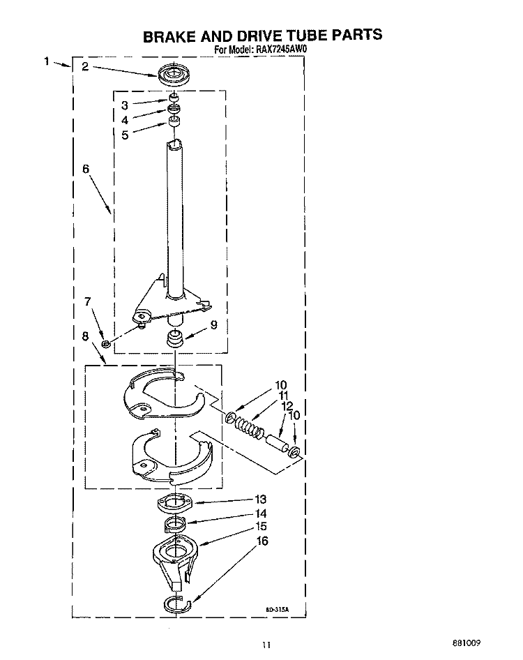 BRAKE AND DRIVE TUBE Diagram and Parts List for RAX7245AW0  Roper Washer